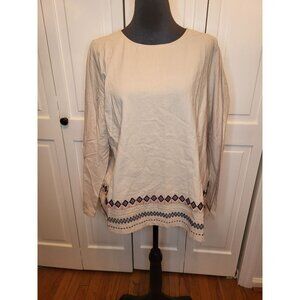 Beige Cotton Embroidered Border Top L Boho Hippie Fall Autumn Thanksgiving